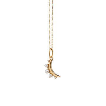 18K Yellow Gold Pearl and Diamond Moon Pendant with Chain
