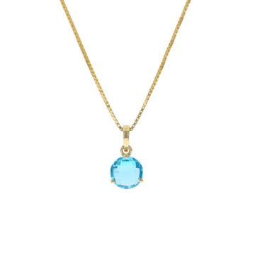 14K Yellow Gold Round Checkerboard Blue Topaz Pendant with Chain