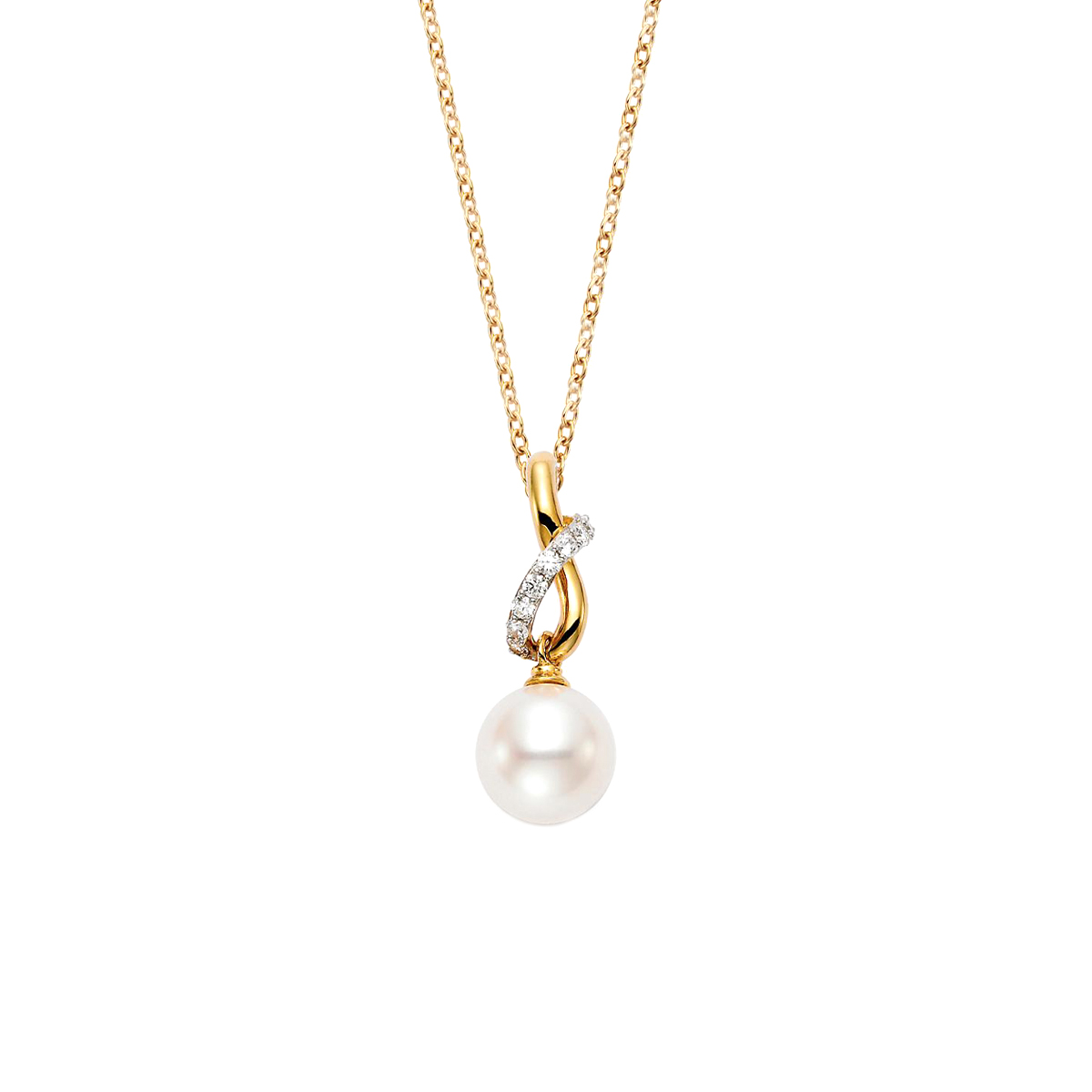 18K Yellow Gold Akoya Pearl and Diamond Pendant with Chain