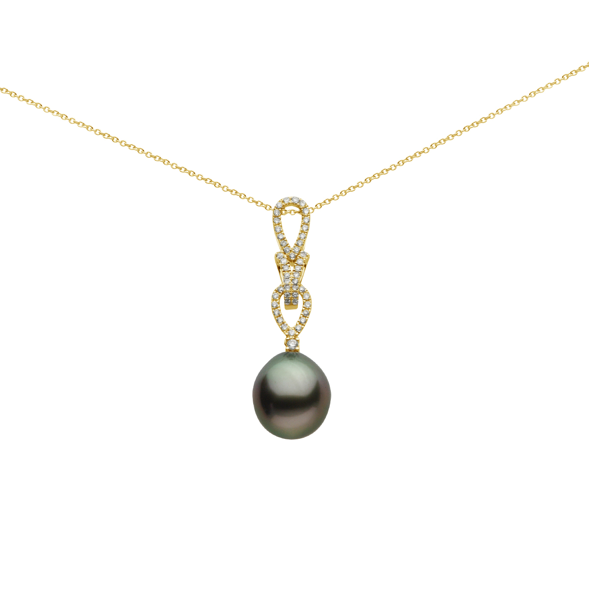 18K Yellow Gold Tahitian Pearl and Diamond Pendant with Chain
