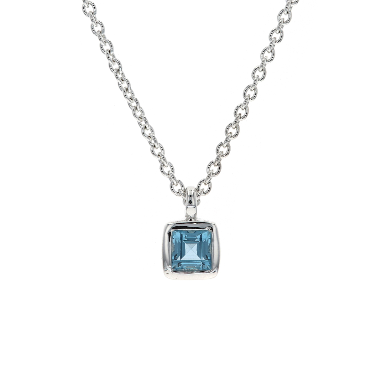 Sterling Silver Blue Topaz Cube Pendant with Chain