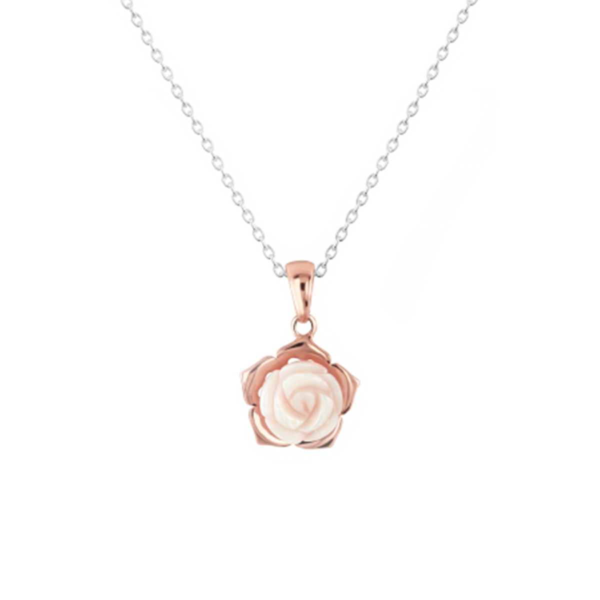 Rose Gold Plated Sterling Silver Pink Mother-of-Pearl Flower Pendant with Chain