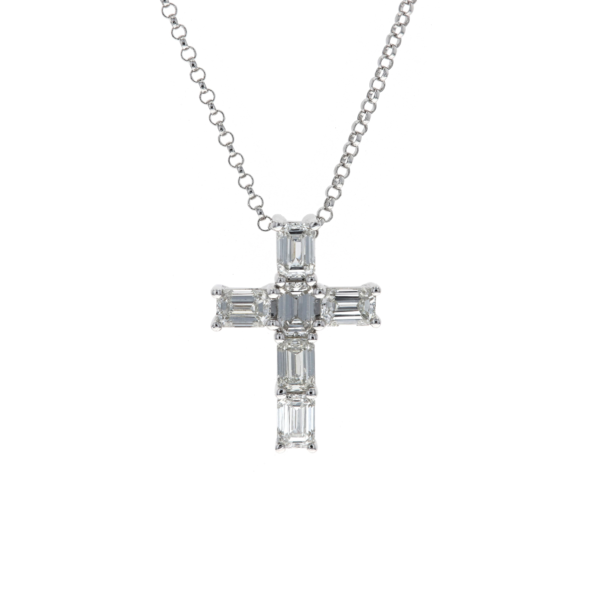 18K White Gold Emerald-Cut Diamond Cross Necklace