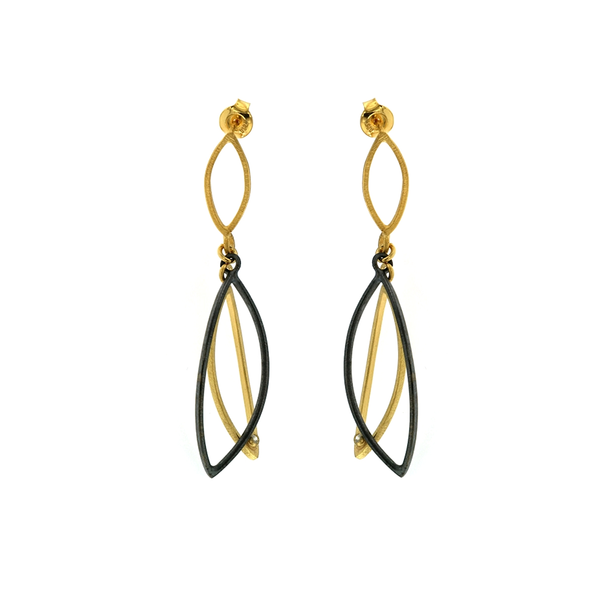 Oxidized Sterling Silver and Yellow Gold Plated Marquise Shaped Dangle Earrings