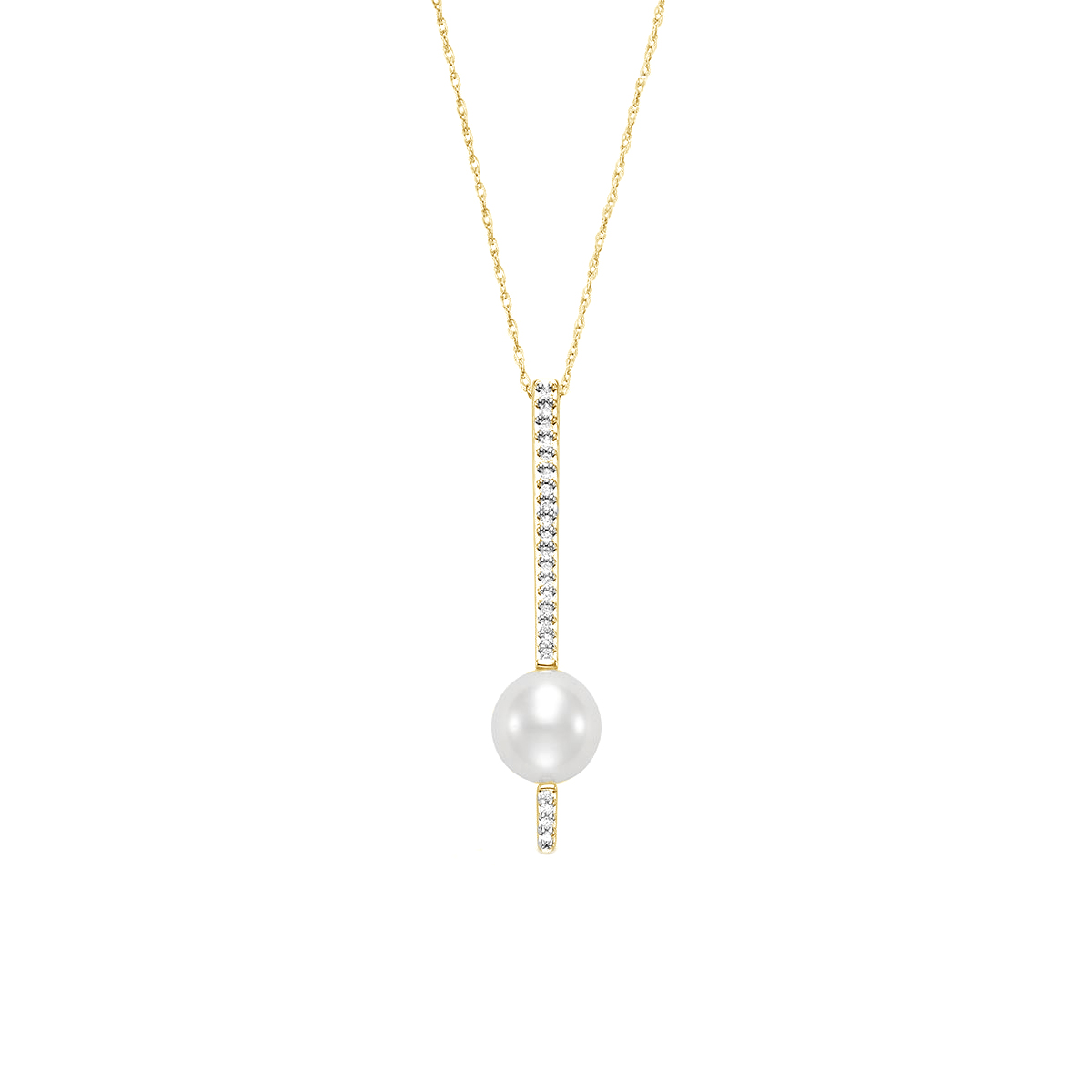 14K Yellow Gold Long Freshwater Pearl and Diamond Pendant with Chain