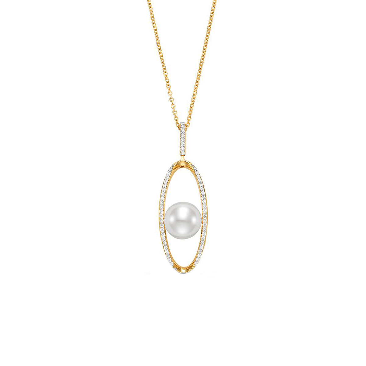 18K Yellow Gold Freshwater Pearl and Diamond Pendant with Chain