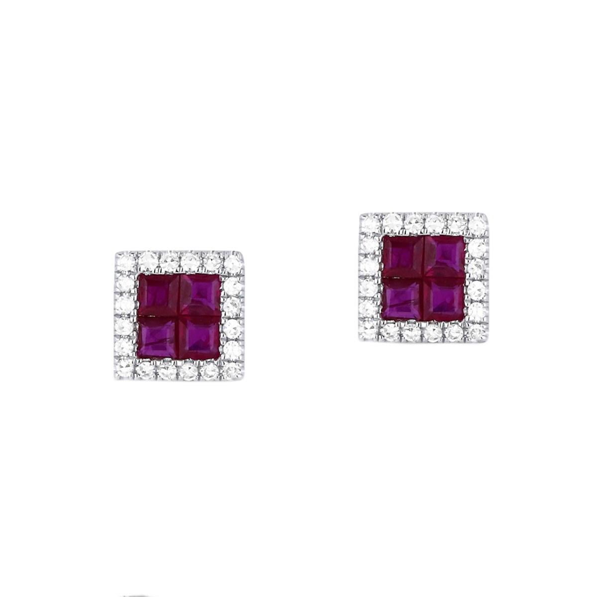 14K White Gold Ruby and Diamond Square Earrings