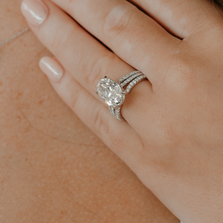 14K White Gold Oval Cut Split Shank Engagement Ring - Florencia