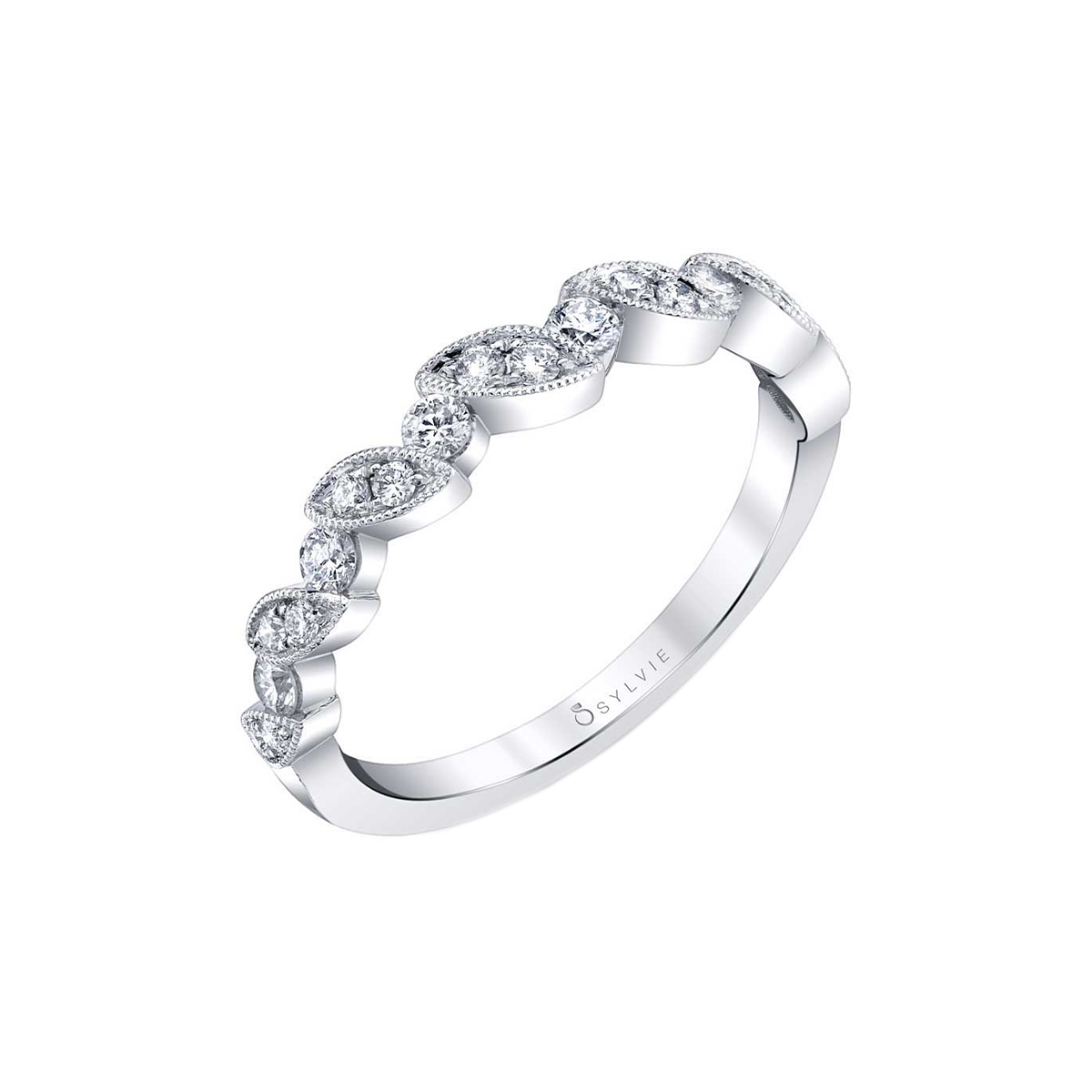 14K White Gold Lily Stackable Diamond Wedding Band