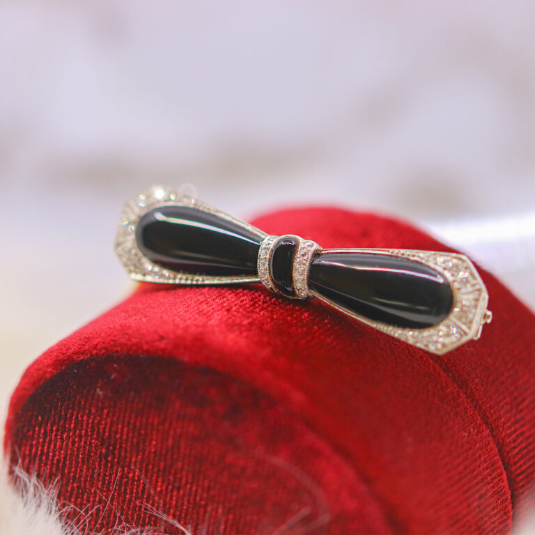 Platinum Art Deco Black Onyx & Diamond Bow Pin