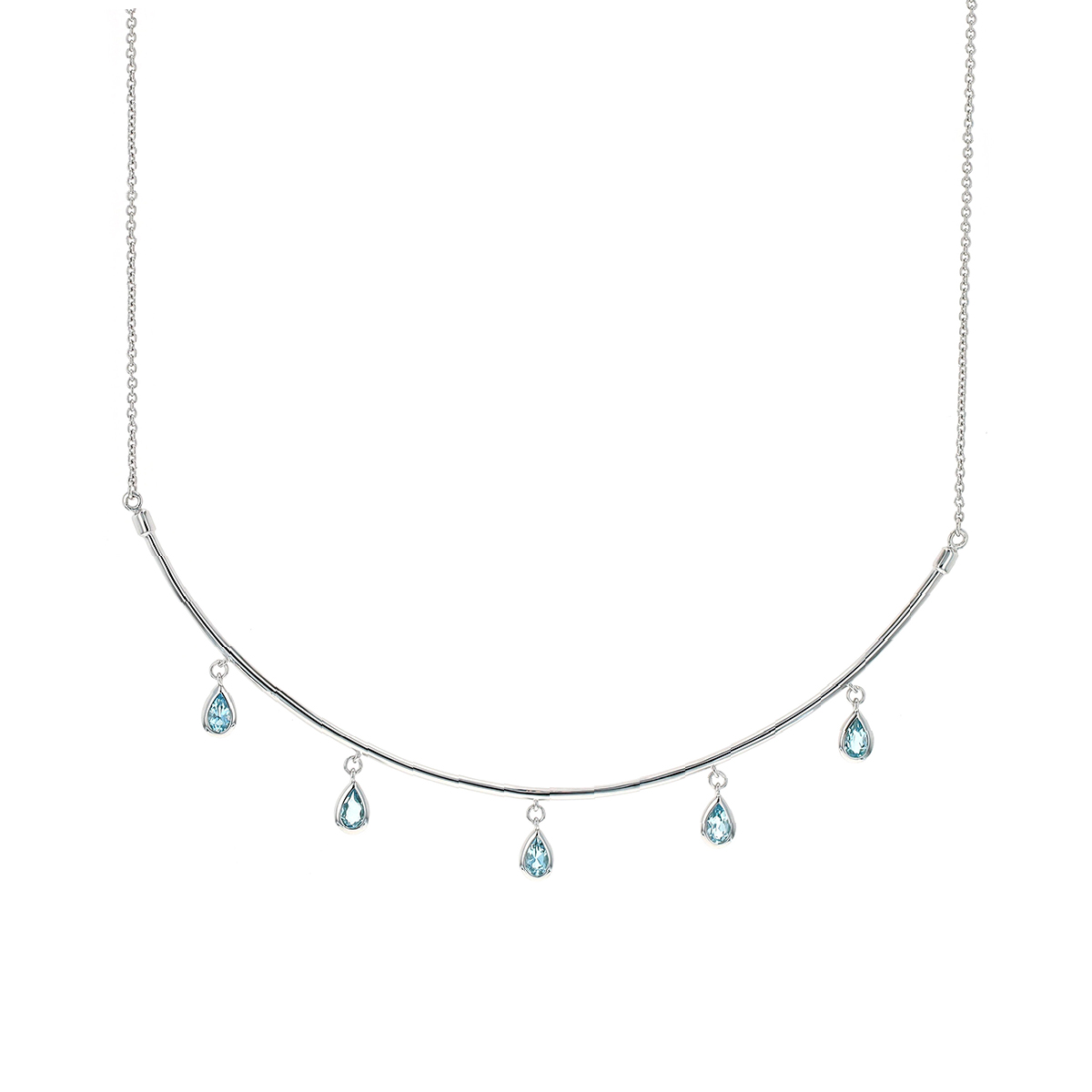 Sterling Silver Curved Bar Necklace with Blue Topaz Dangles