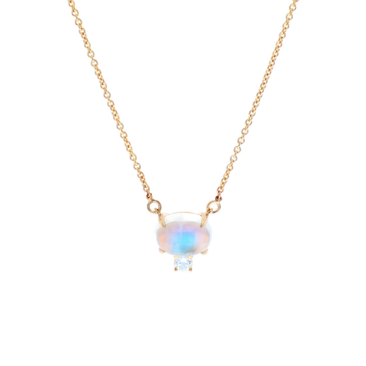 14K Yellow Gold Oval Moonstone and Diamond Necklace