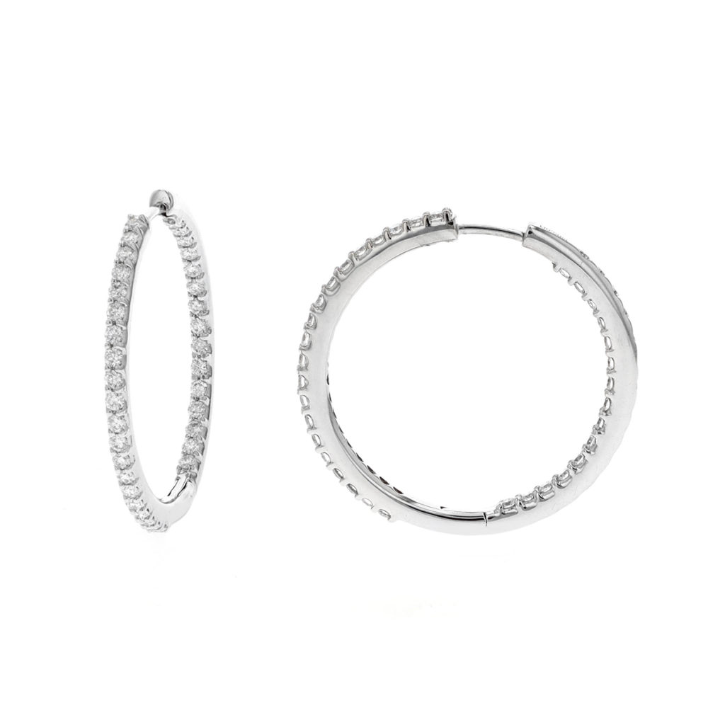 14K White Gold Diamond Hinged Hoop Earrings