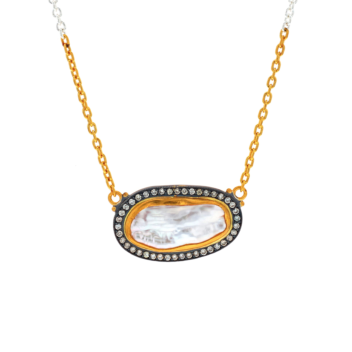 Sterling Silver and 24K Yellow Gold Pearl and Diamond Necklace