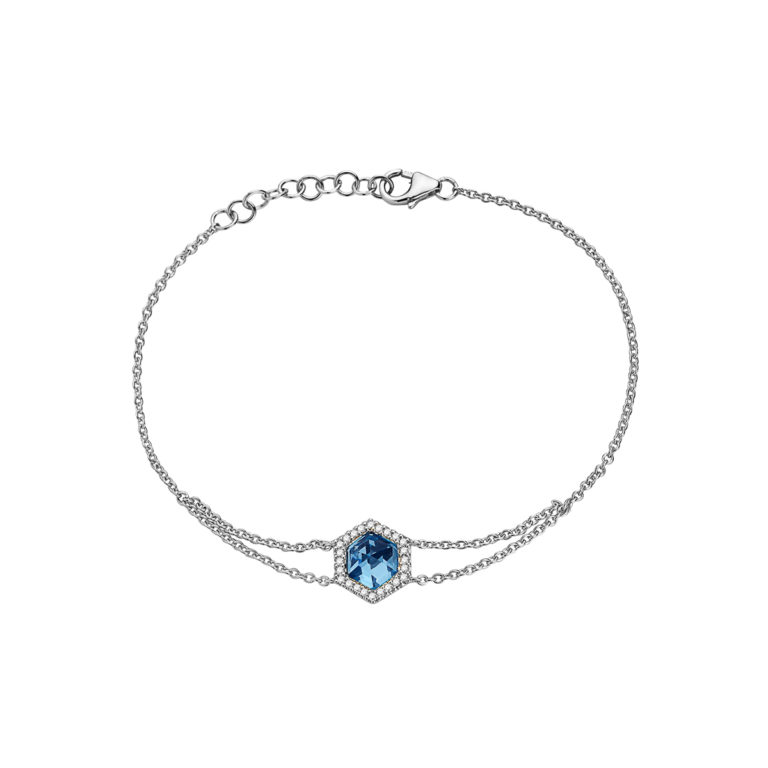 14K White Gold Hexagon Blue Topaz and Diamond Bracelet