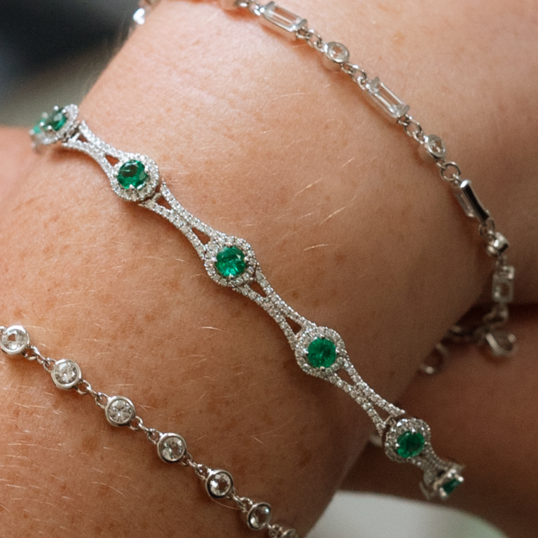 14K White Gold Emerald and Diamond Bracelet