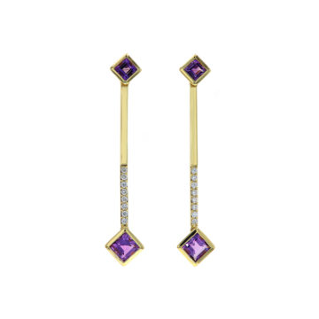 14K Yellow Gold Square Amethyst and Diamond Dangle Earrings