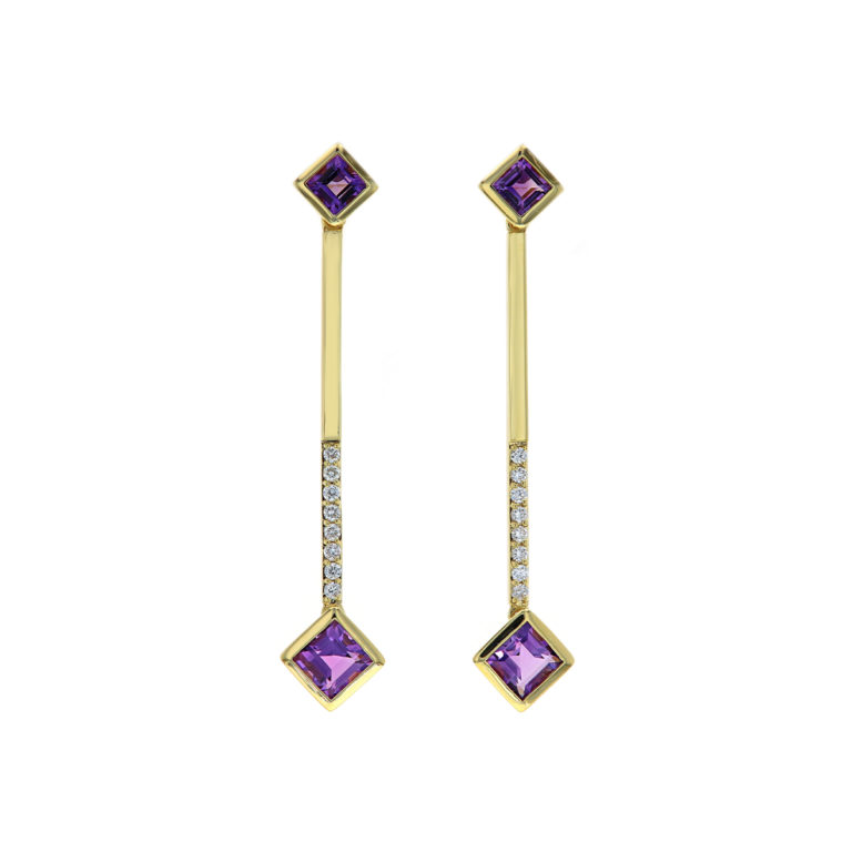14K Yellow Gold Square Amethyst and Diamond Dangle Earrings