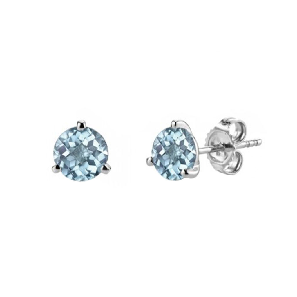 14K White Gold Round Checkerboard Aquamarine Stud Earrings
