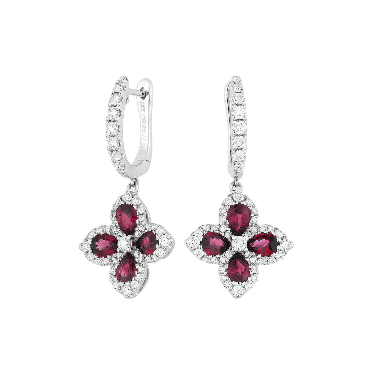 14K White Gold Ruby and Diamond Flower Earrings