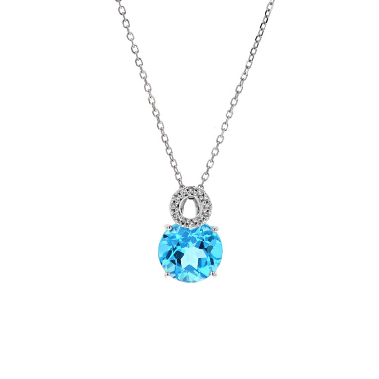14K White Gold Blue Topaz and Diamond Pendant with Chain