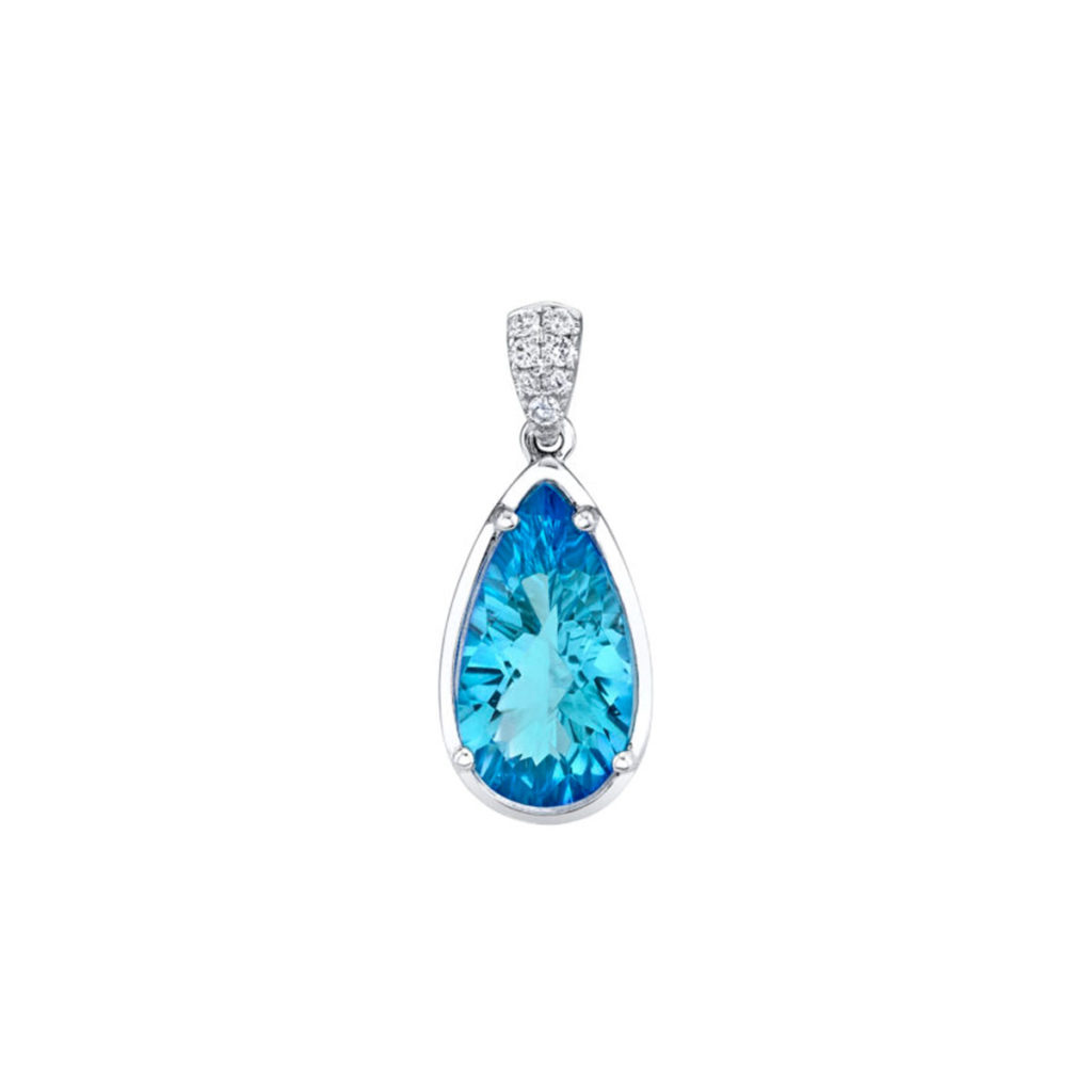 14K White Gold Blue Topaz and Diamond Pendant