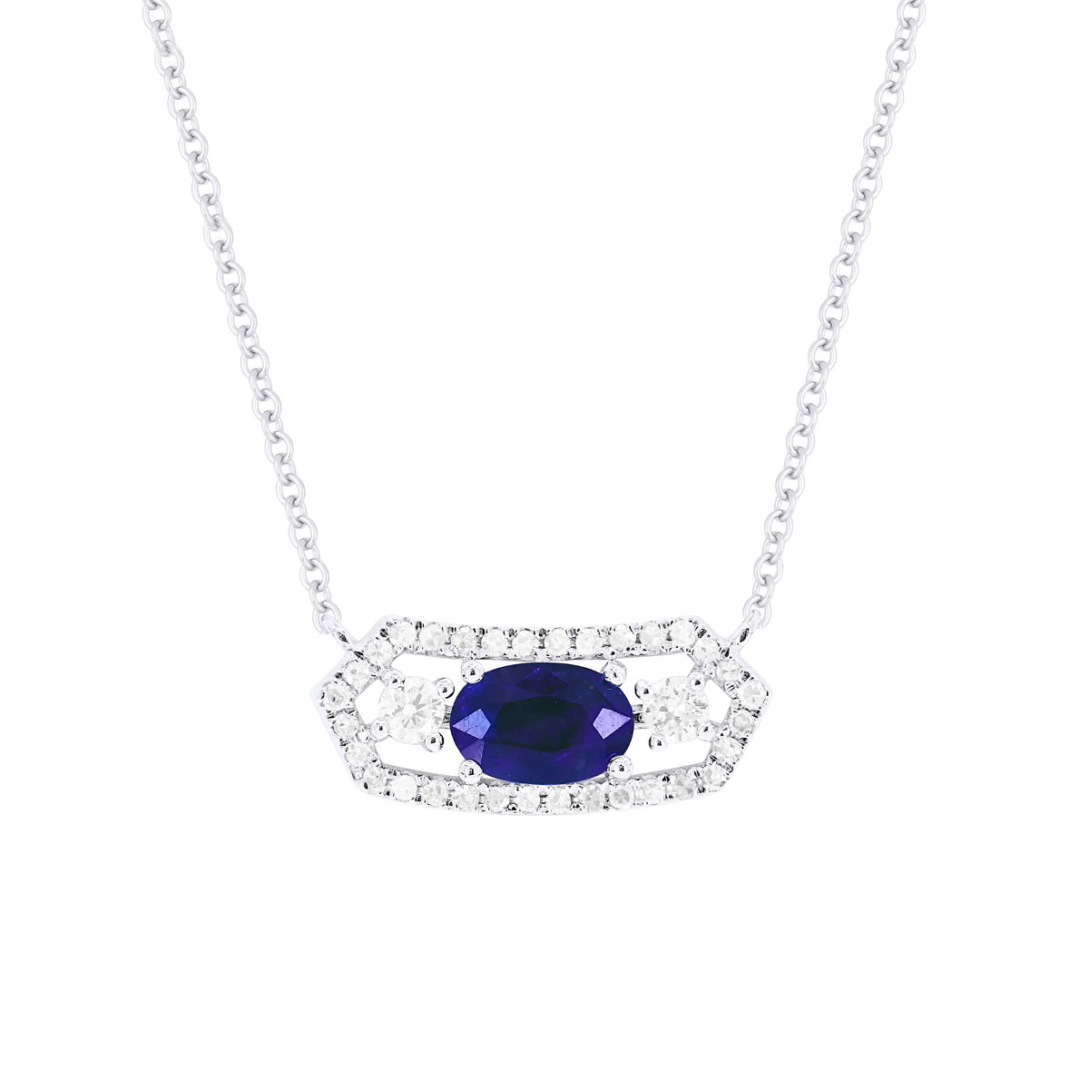 14K White Gold Oval Sapphire and Diamond Necklace