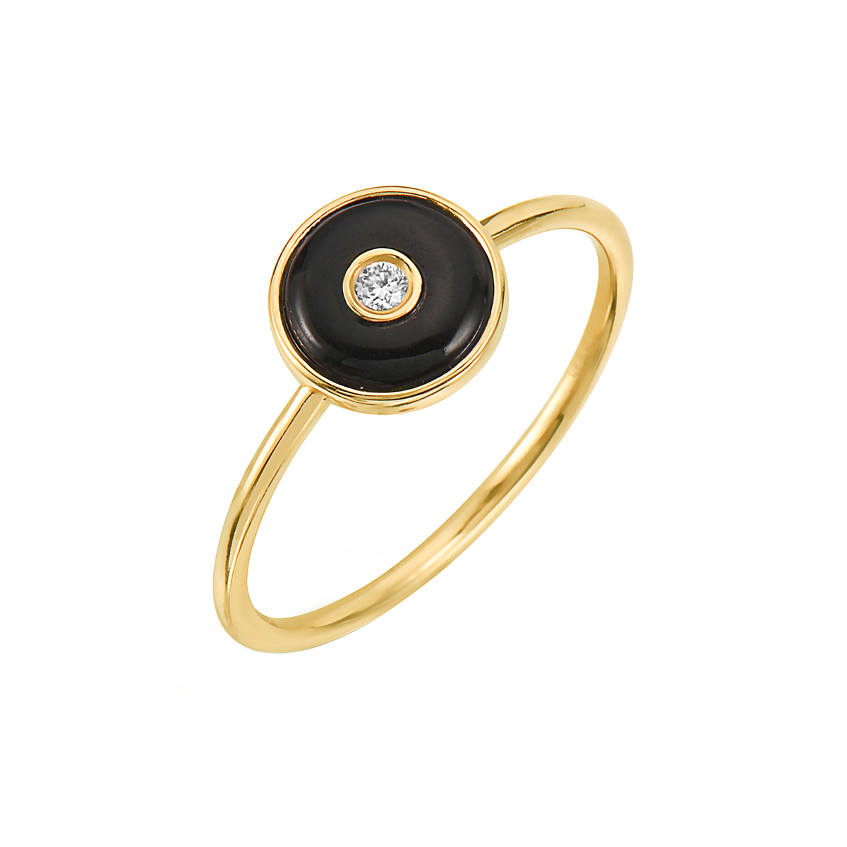14K Yellow Gold Round Black Agate and Diamond Ring