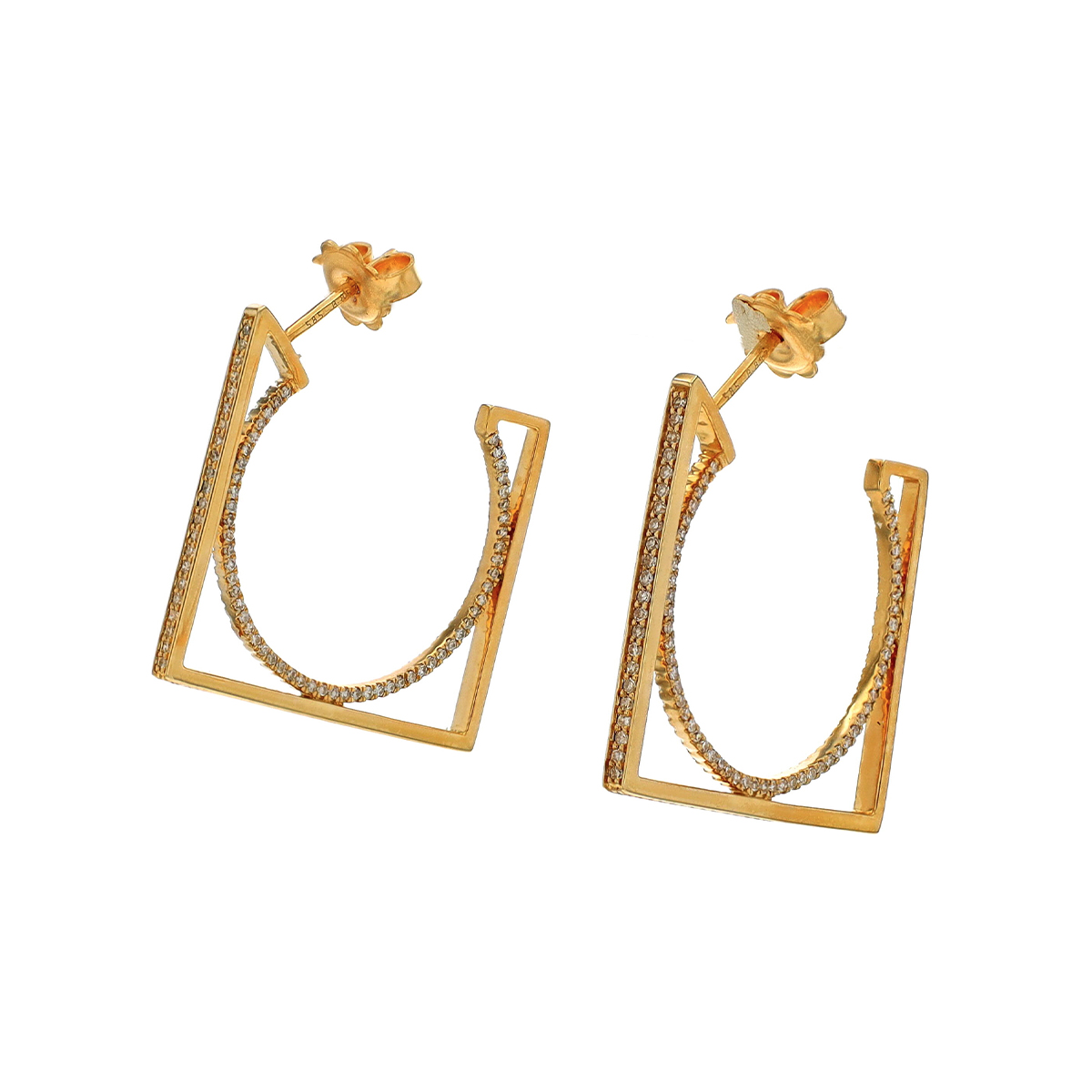 14K Yellow Gold Diamond Square and Circle Hoop Earrings