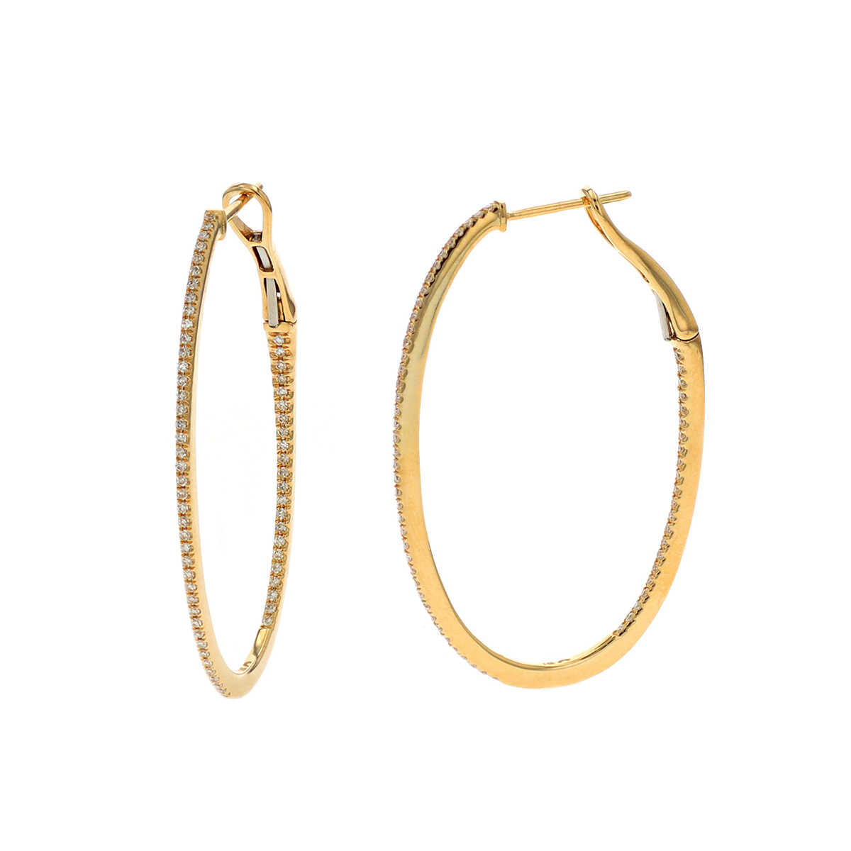 14K Yellow Gold Diamond Oval Hoop Earrings