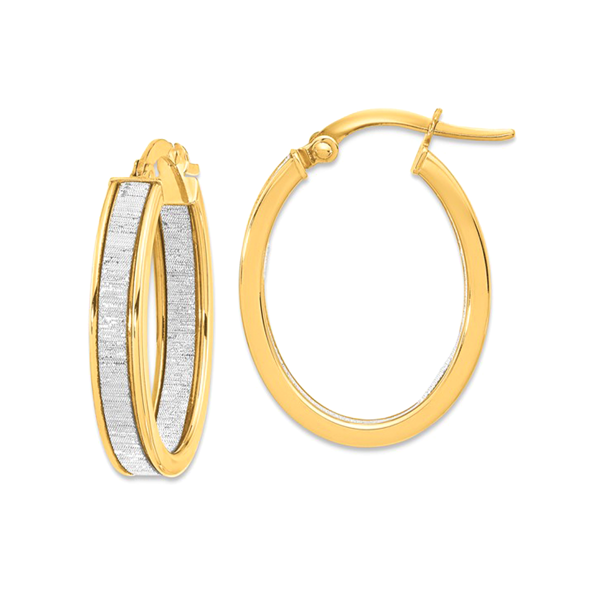 14K Yellow Gold Glitter Oval Hoop Earrings
