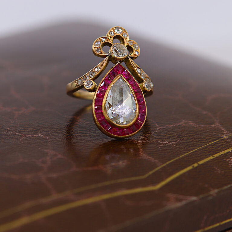 Estate 15K Yellow Gold Pear Diamond and Ruby Ring