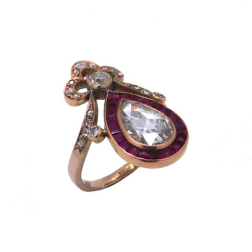 Estate 15K Yellow Gold Pear Diamond and Ruby Ring