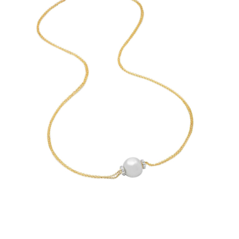 18K Yellow Gold White Cultured Pearl and Diamond Necklace