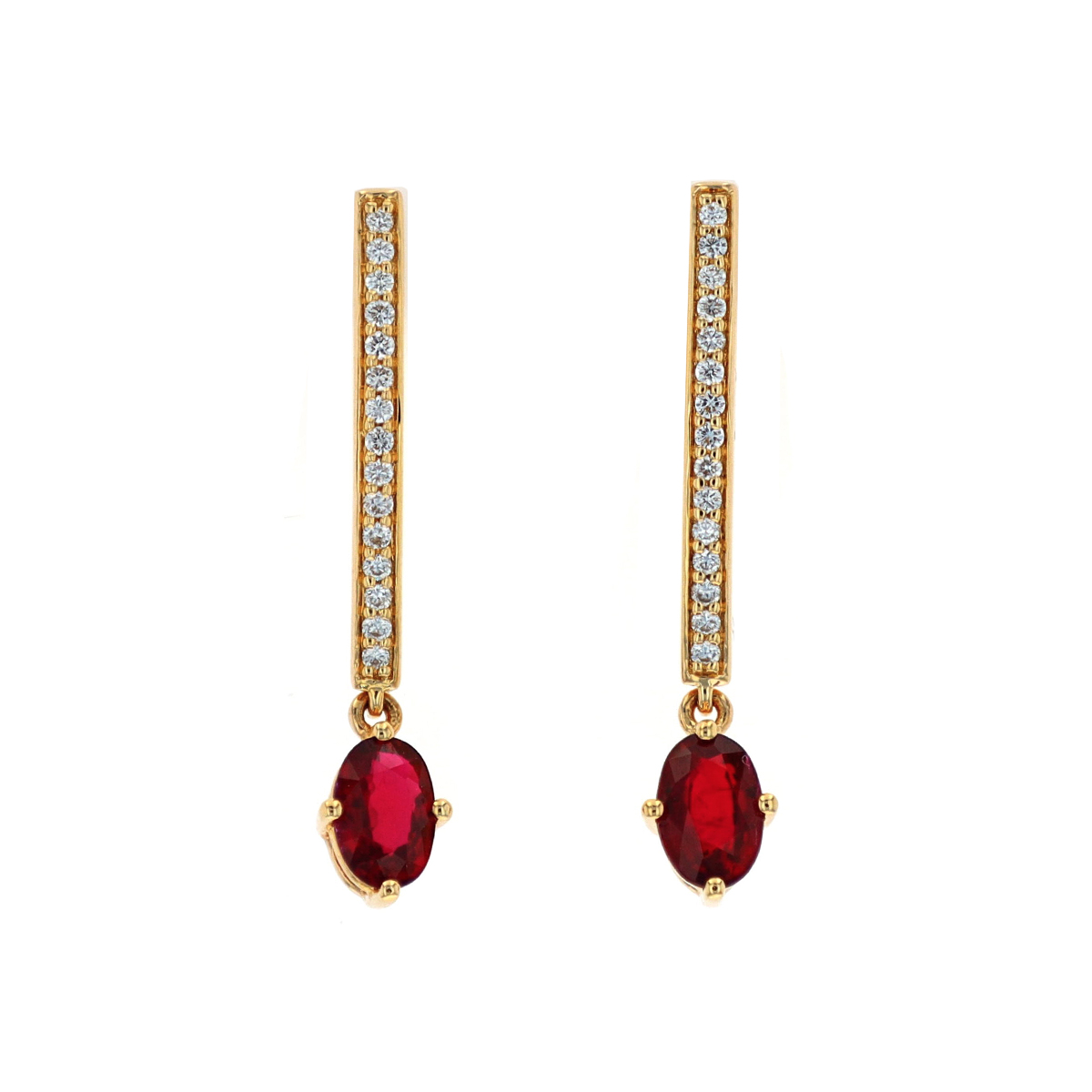 14K Yellow Gold Oval Ruby and Diamond Drop Earrings