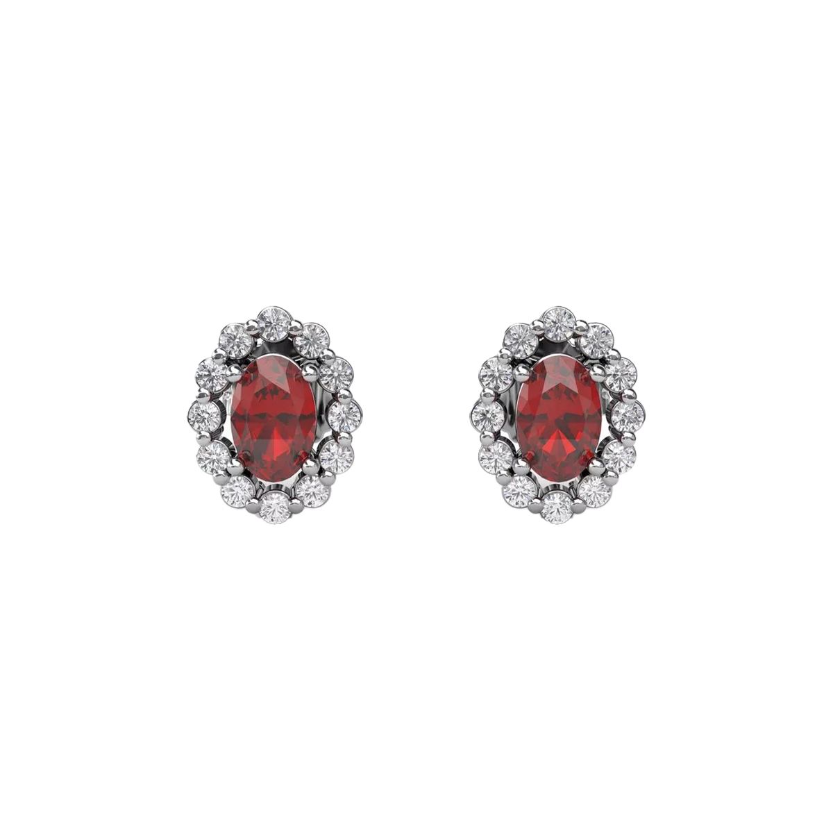 14K White Gold Oval Ruby and Diamond Halo Earrings