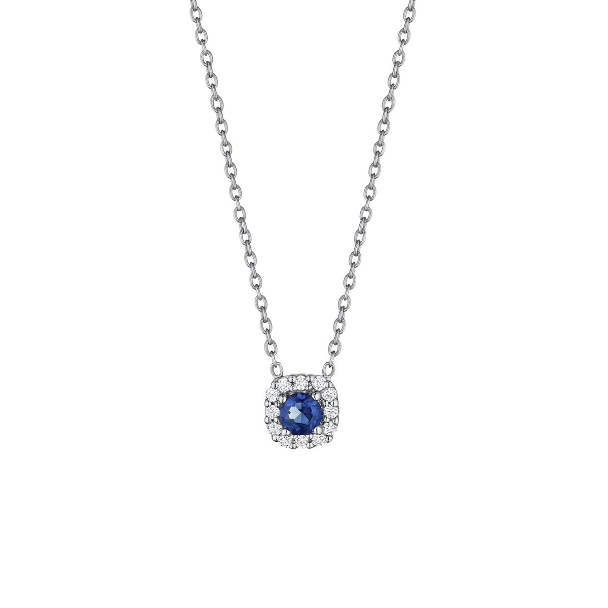 14K White Gold Blue Sapphire Halo Necklace