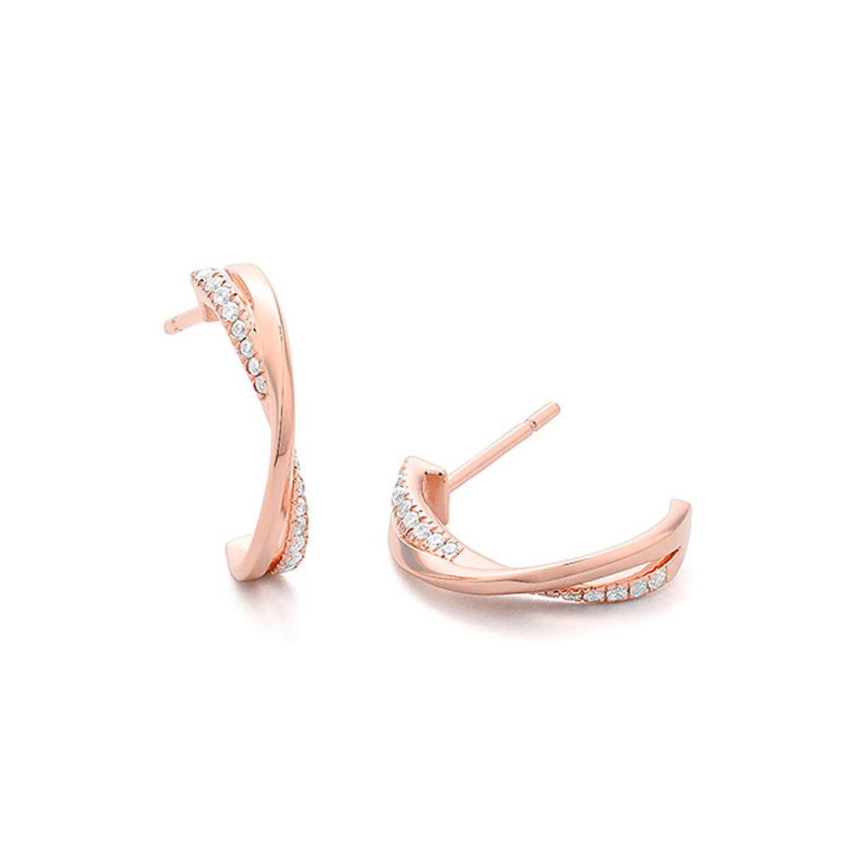14K Rose Gold Small Half-Hoop Earrings with Diamonds