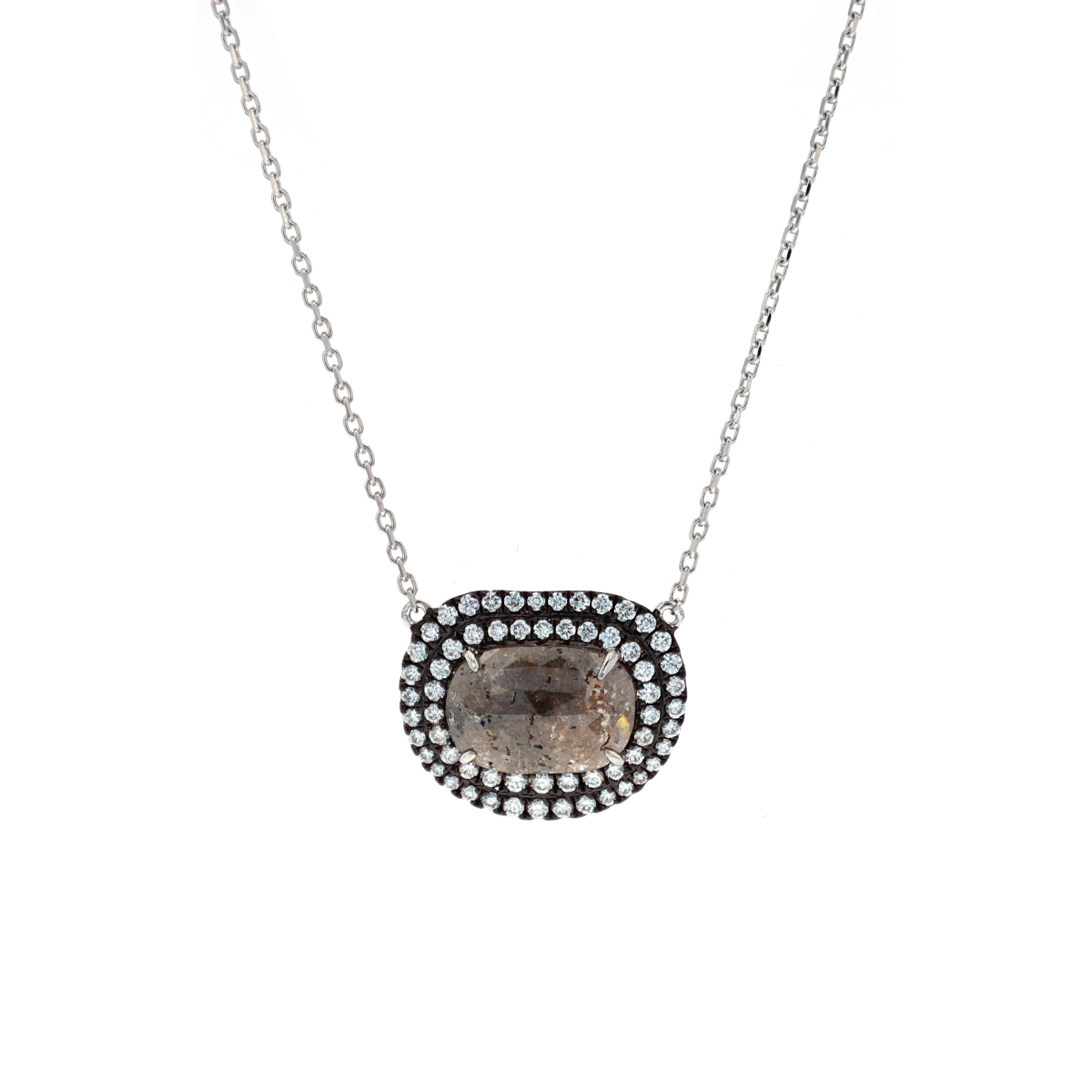 14K White Gold Cushion Salt and Pepper Diamond Necklace