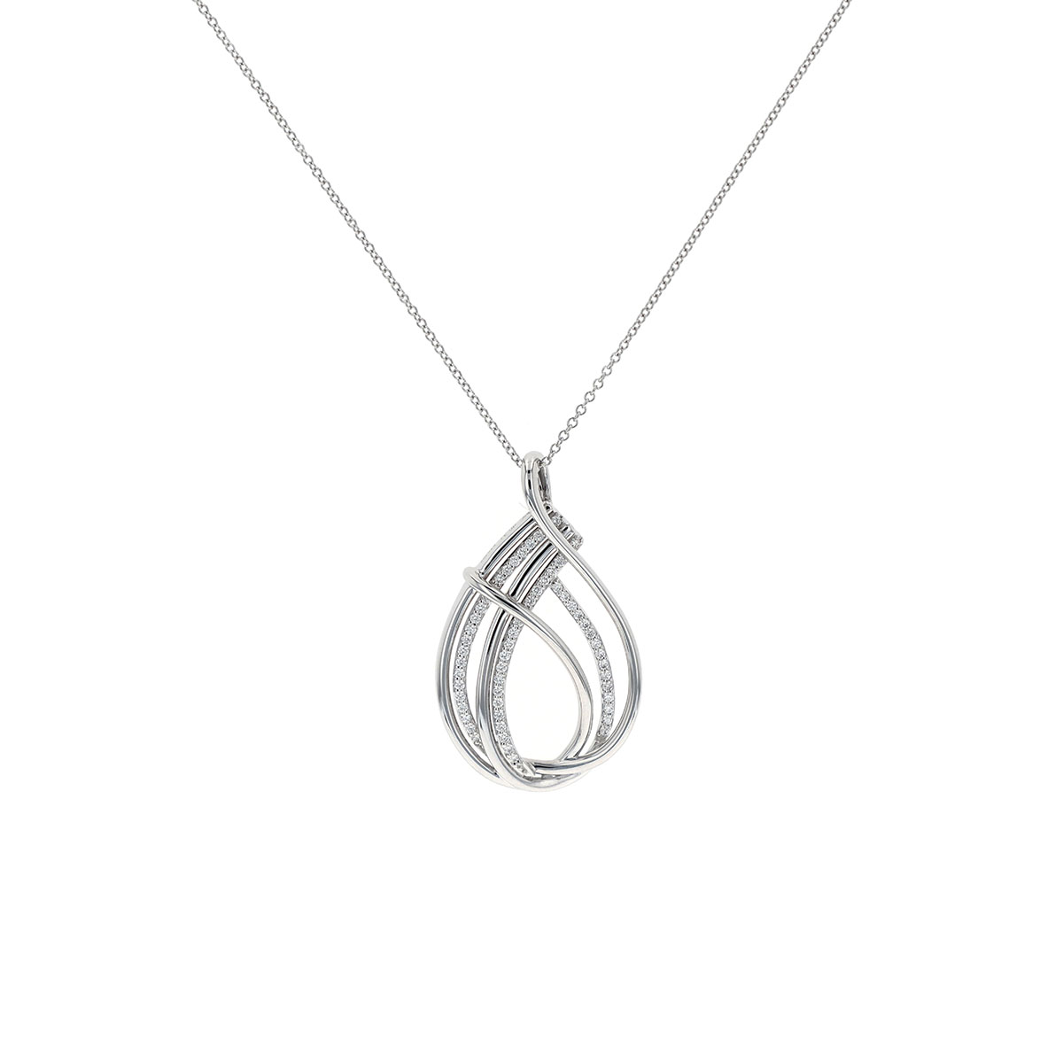 18K White Gold Twisted Drop Diamond Pendant with Chain