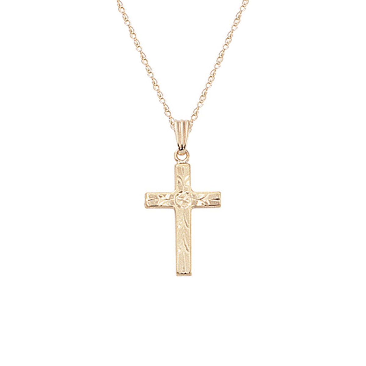 14K Yellow Gold Engraved Cross Pendant with Chain
