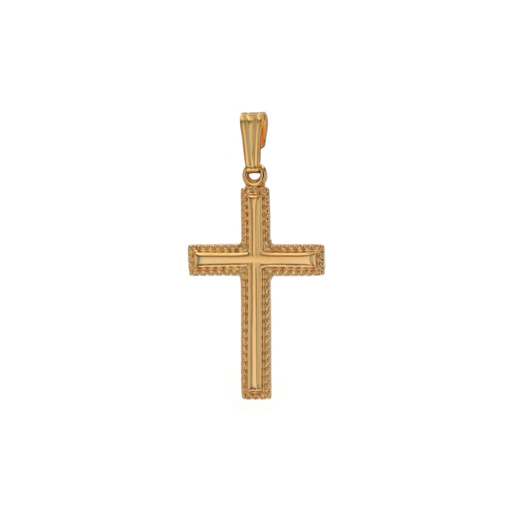 14K Yellow Gold Beaded Edge Cross Pendant