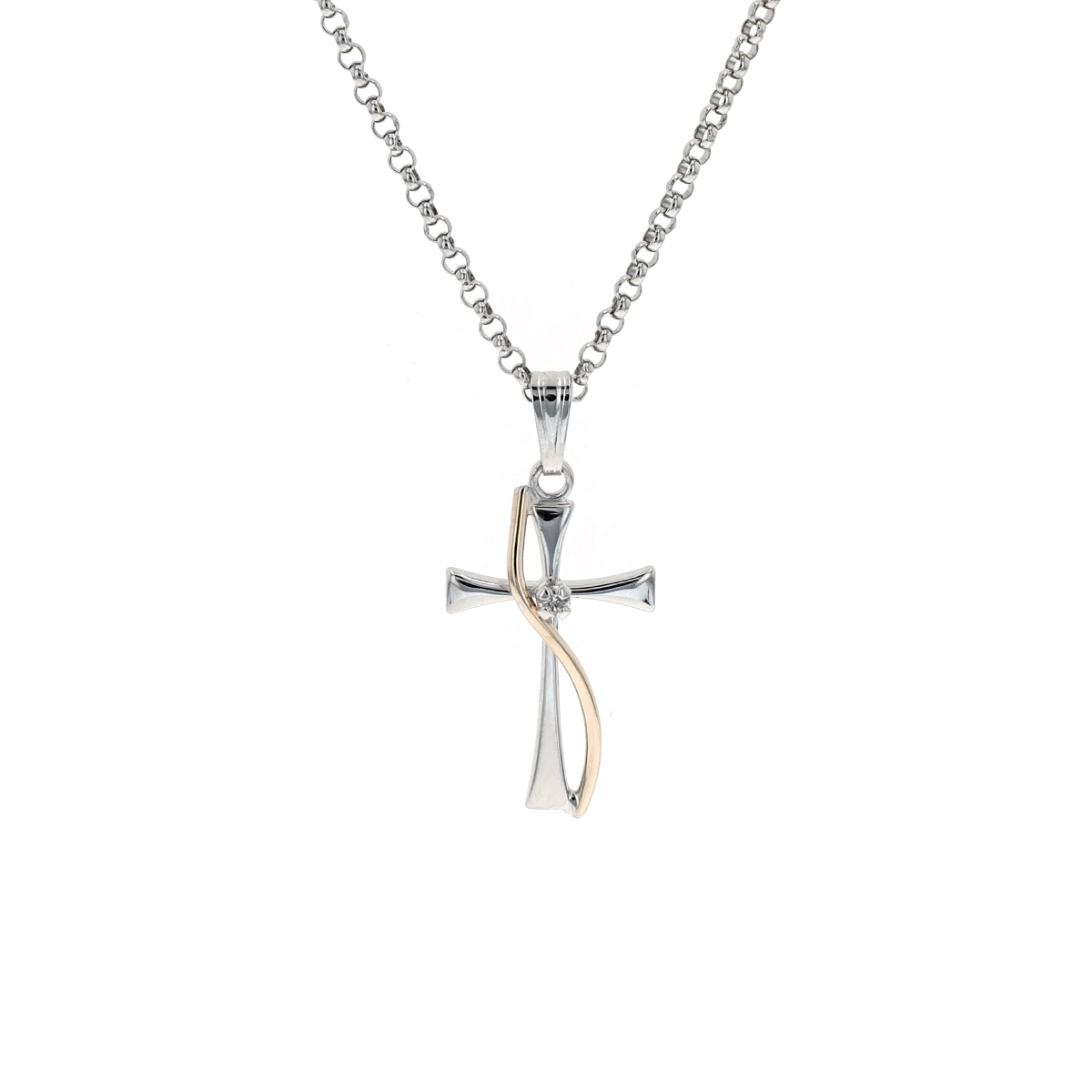 Two-Tone Diamond Flared Cross Wrap Pendant with Chain