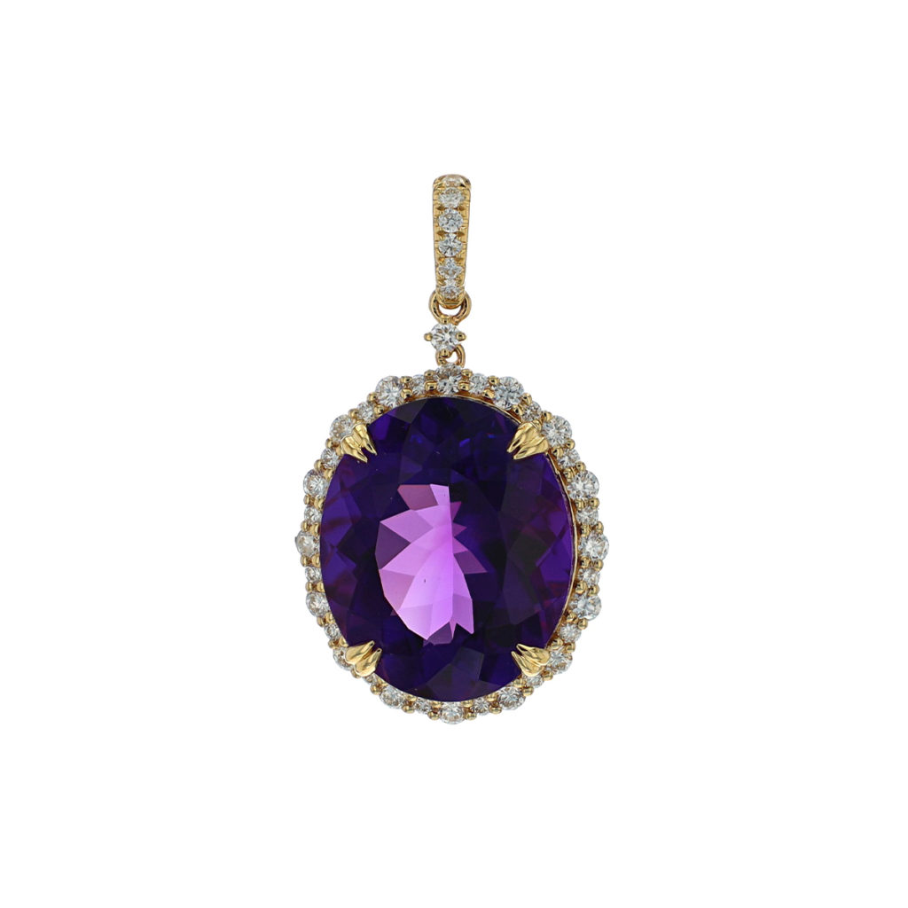14K Yellow Gold Oval Amethyst and Diamond Pendant