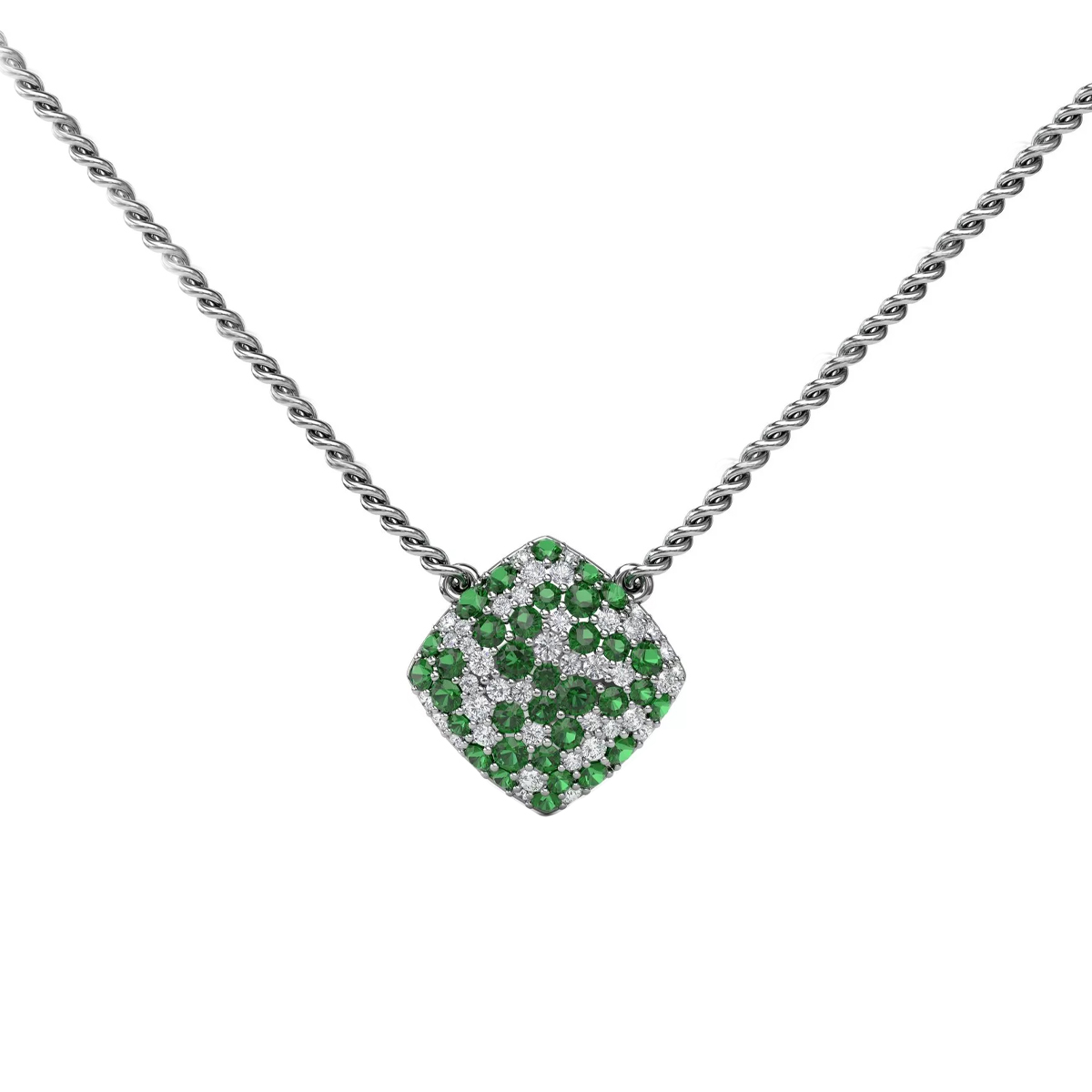 14K White Gold Scattered Emerald and Diamond Necklace