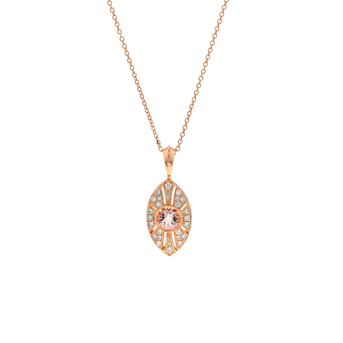18K Rose Gold Morganite and Diamond Marquise Pendant with Chain