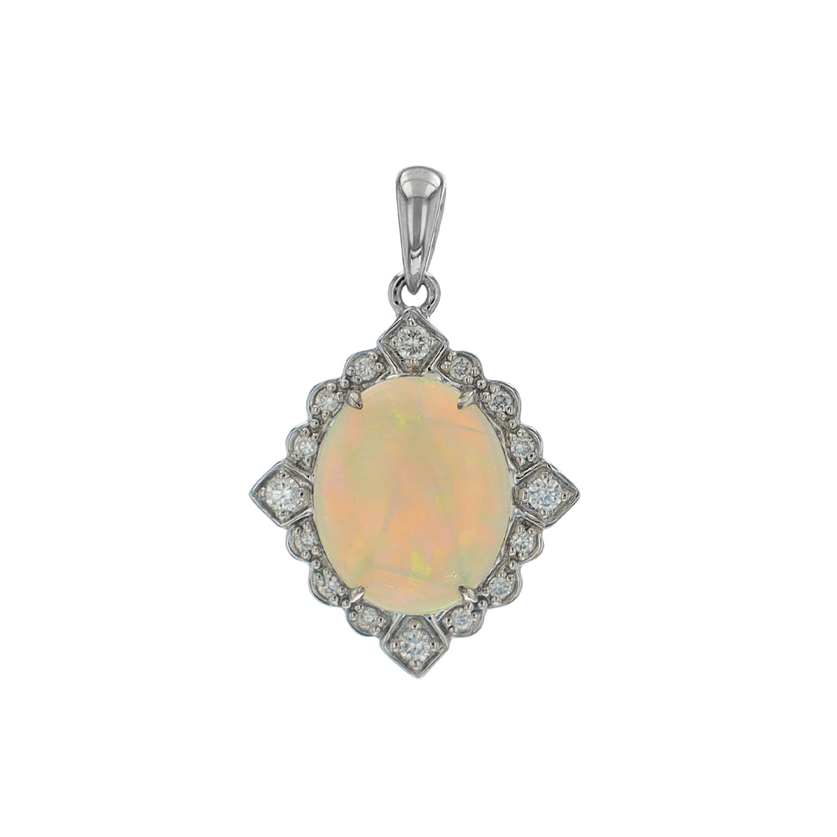 14K White Gold Oval Australian Opal and Diamond Pendant
