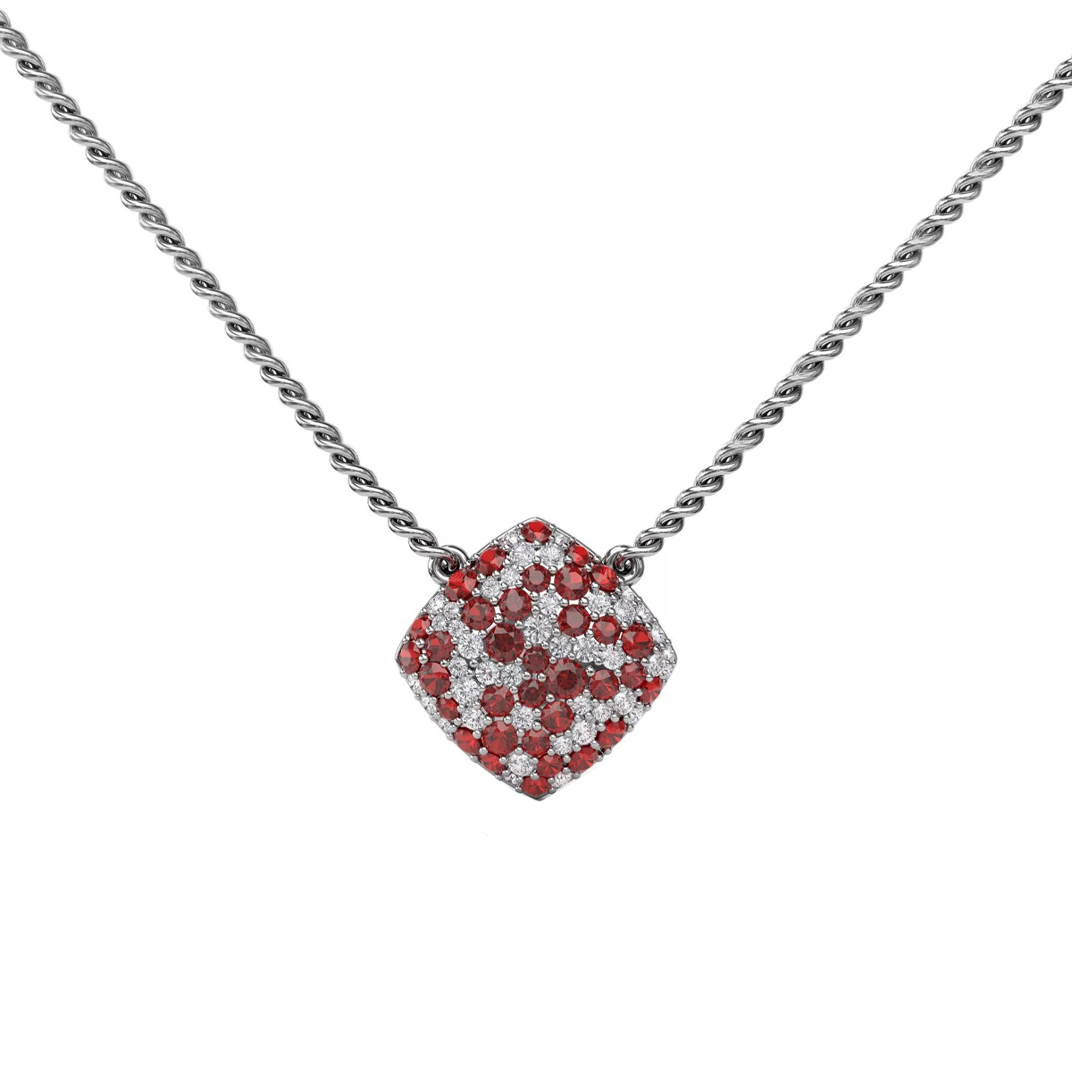 14K White Gold Scattered Ruby and Diamond Necklace