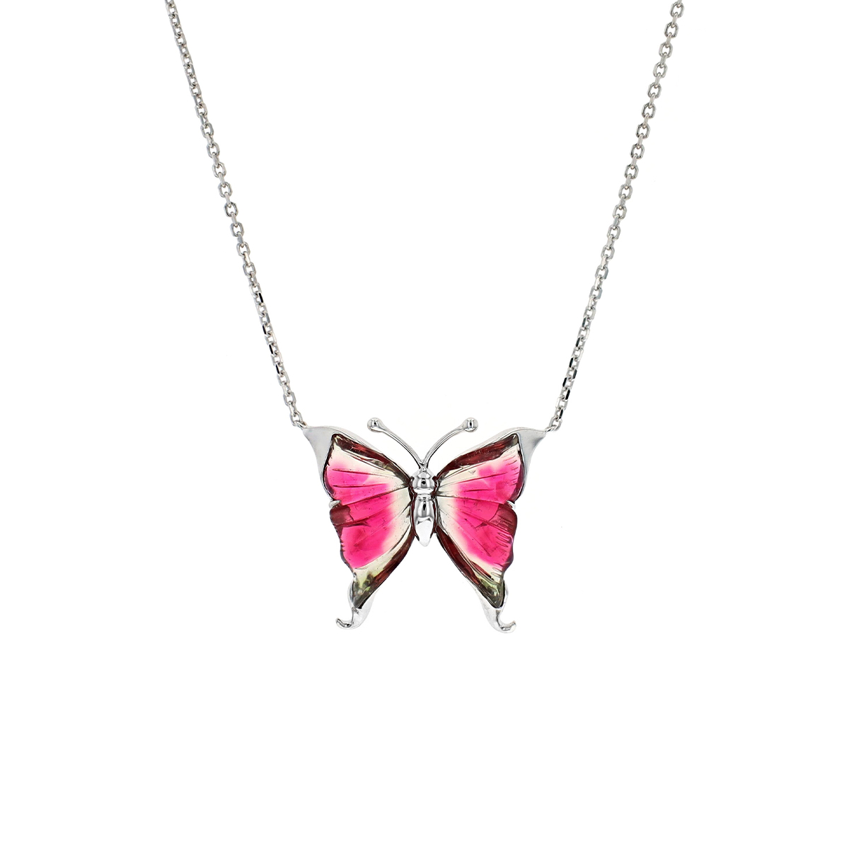 14K White Gold Pink Tourmaline Butterfly Necklace