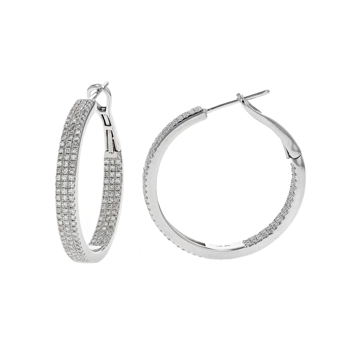 14K White Gold 3-Row Diamond Hoop Earrings